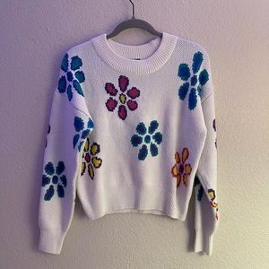 White Sweater with blue and pink flowers